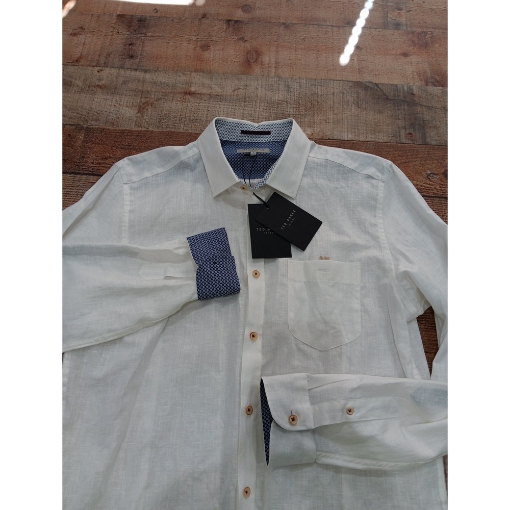 ted baker mens Button shirt size 4 Large NWT White Linen Long‎ Sleeve 2199